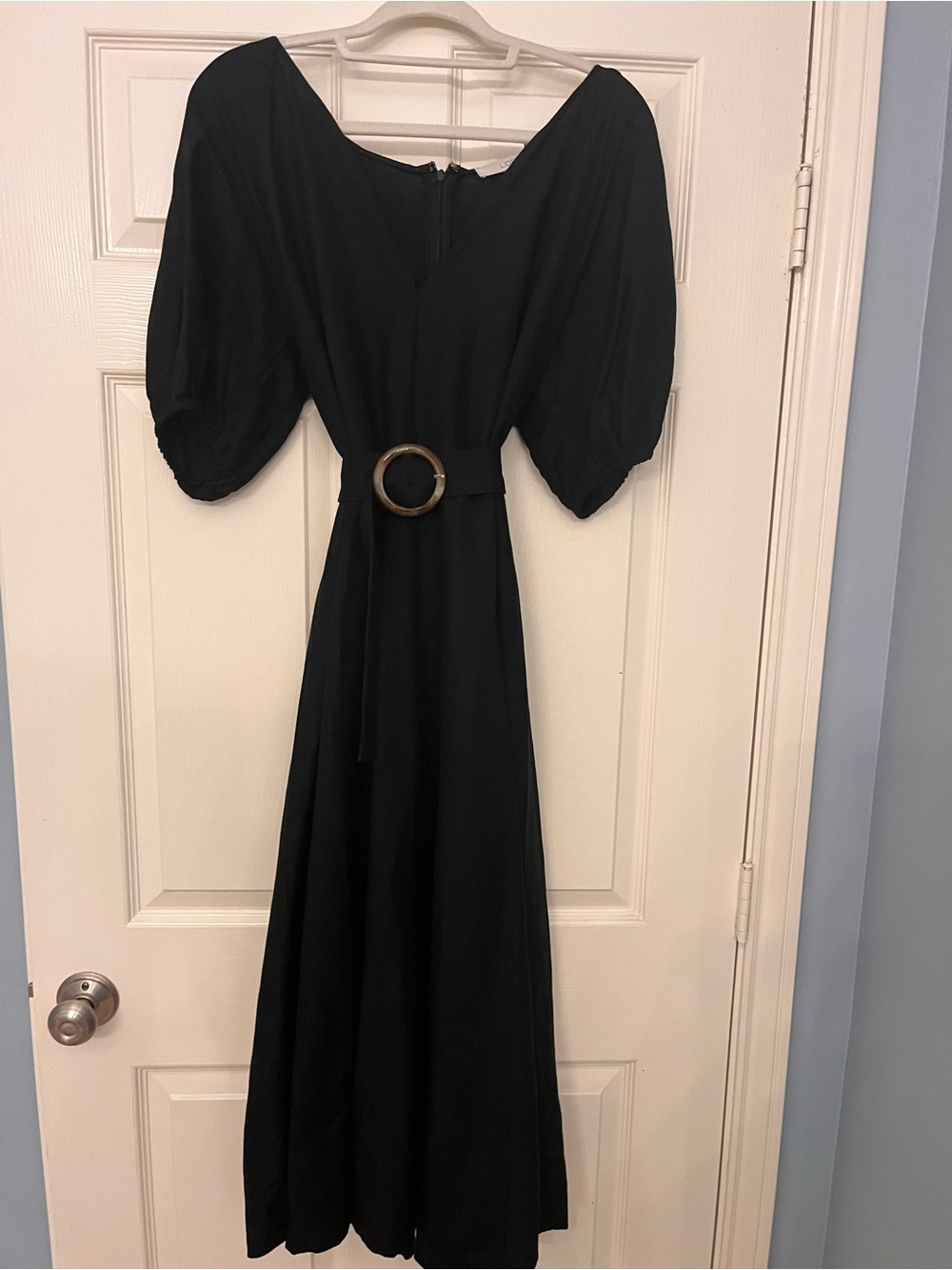 LOFT Black Linen Midi Dress with Puff Sleeves and Waist Tie